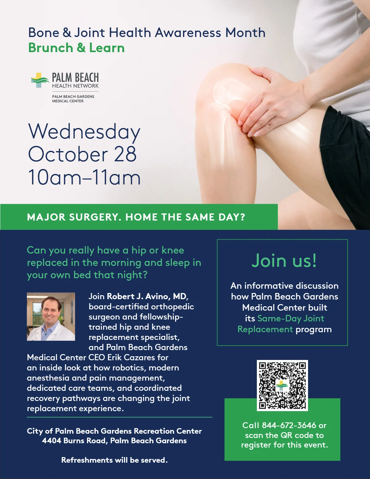 Flyer for the Bone and Joint Health Awareness Month Brunch and Learn with Robert J. Avino, M.D. on same-day joint replacement, October 28, 2026, Palm Beach Gardens